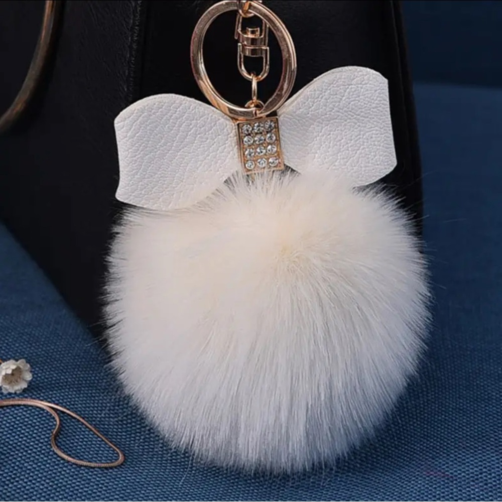 Bag Charm White Fluffy Faux Fur Pom Pom Keychain with Bow